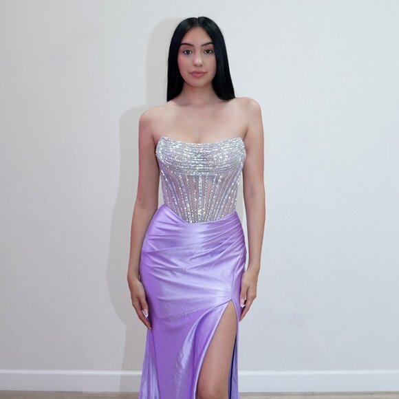New Strapless Red Carpet Gown w/ Rhinestones Embroidery & Scoop Neck JT2729H - Picture 1 of 8